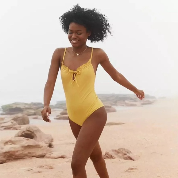 Aerie Yellow Mustard Low Back Cinched Ruffle Keyhole Neck One-piece Swim… - Picture 1 of 10